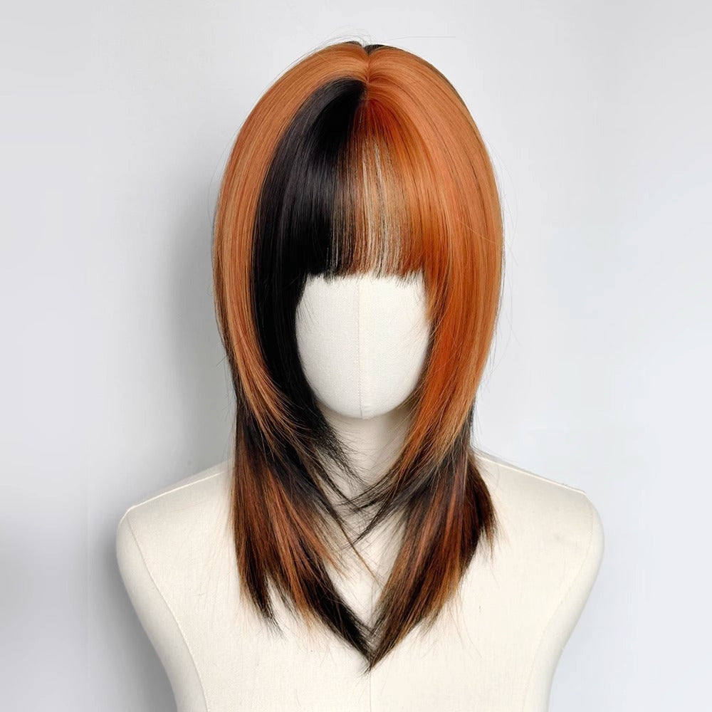 Black and Dirty Orange Ombre Synthetic Wig for Women - Long Straight Style with Bangs