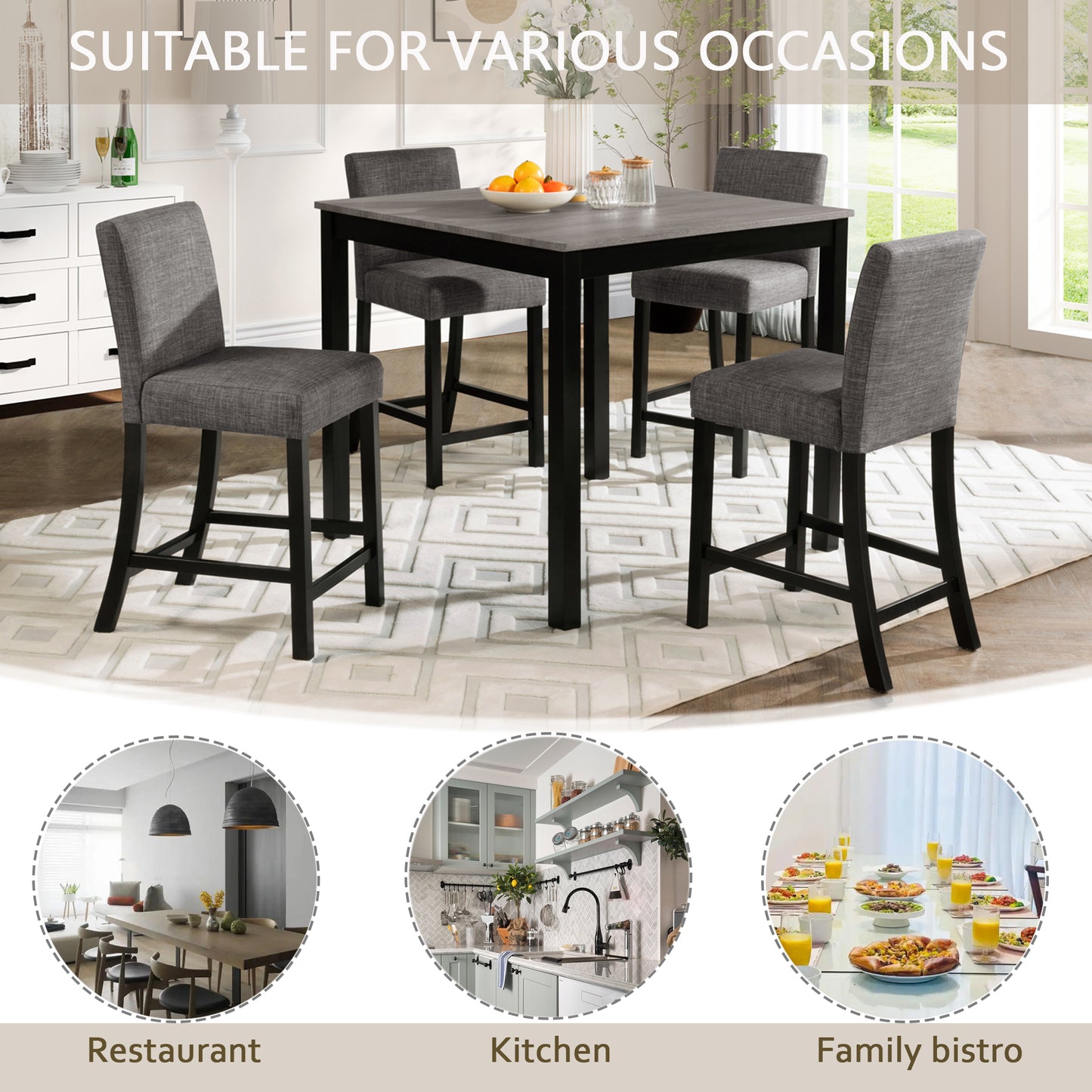Counter Height Dining Table Set with 4 Chairs - Light Grey & Black