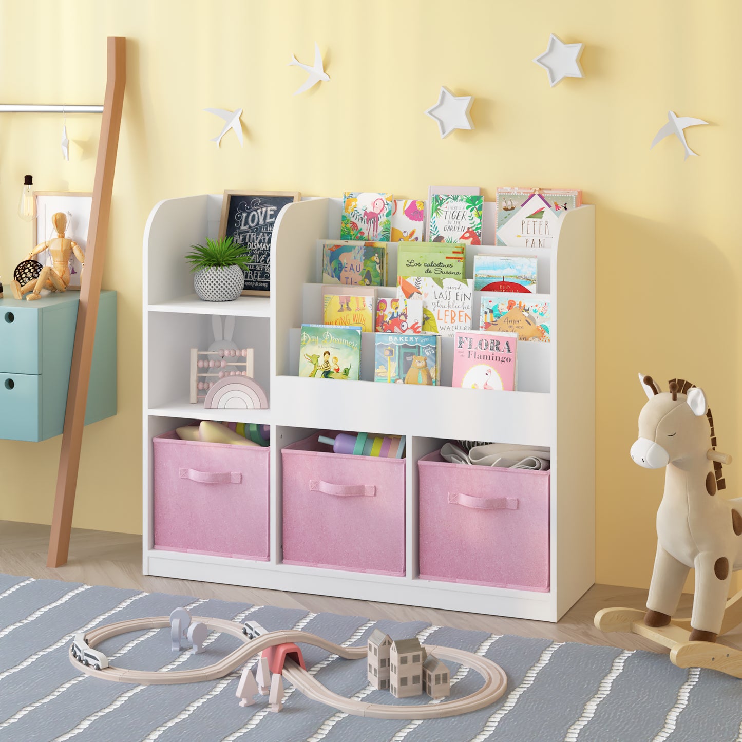 Kids Bookcase with 3 Fabric Drawers - White and Pink