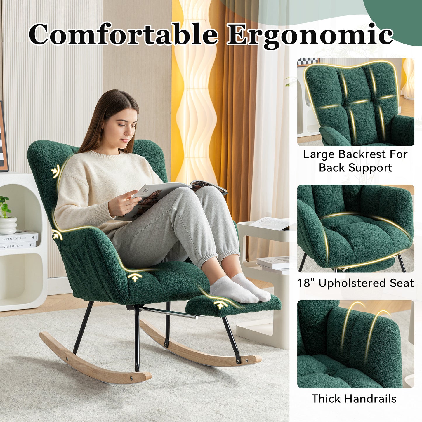 Teddy Fabric Rocking Chair with Adjustable Footstool - Green