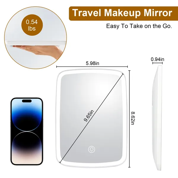Lighted Makeup Mirror with LED - Small, Rechargeable, White
