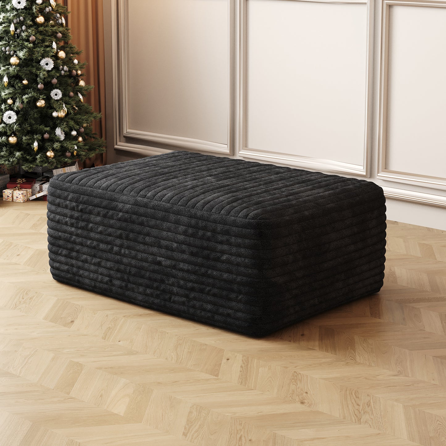 Modern Black Plush Corduroy Sofa Ottoman - No Assembly Required