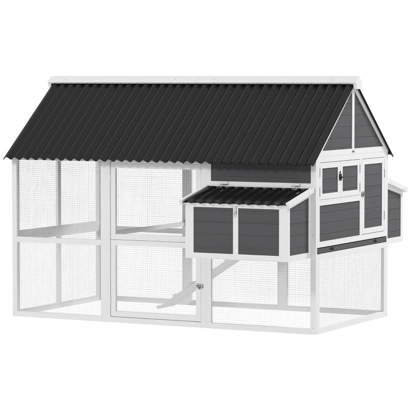 Wooden Chicken Coop with Run, Nesting Boxes, Roosting Bars, Ramp & Tray - Gray
