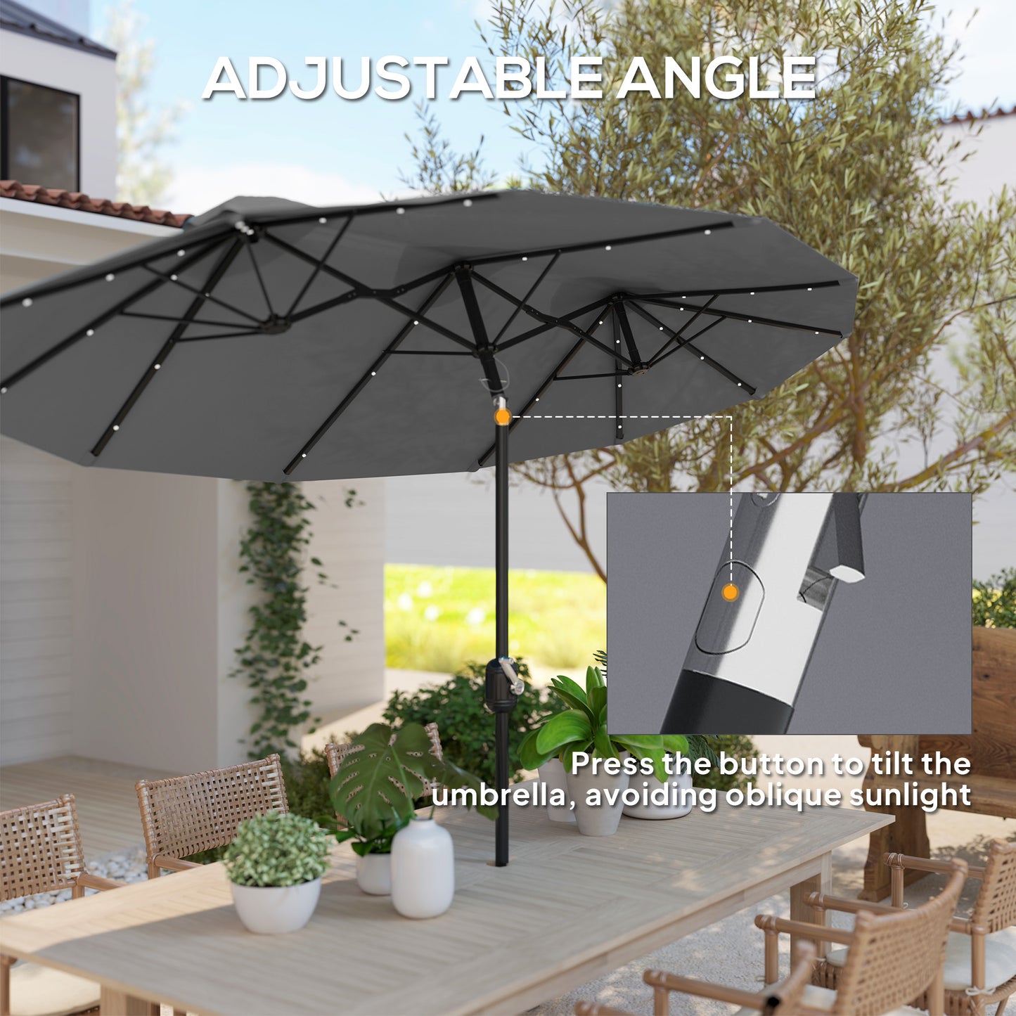 Double-Sided Patio Umbrella with Solar LED Light - Gray