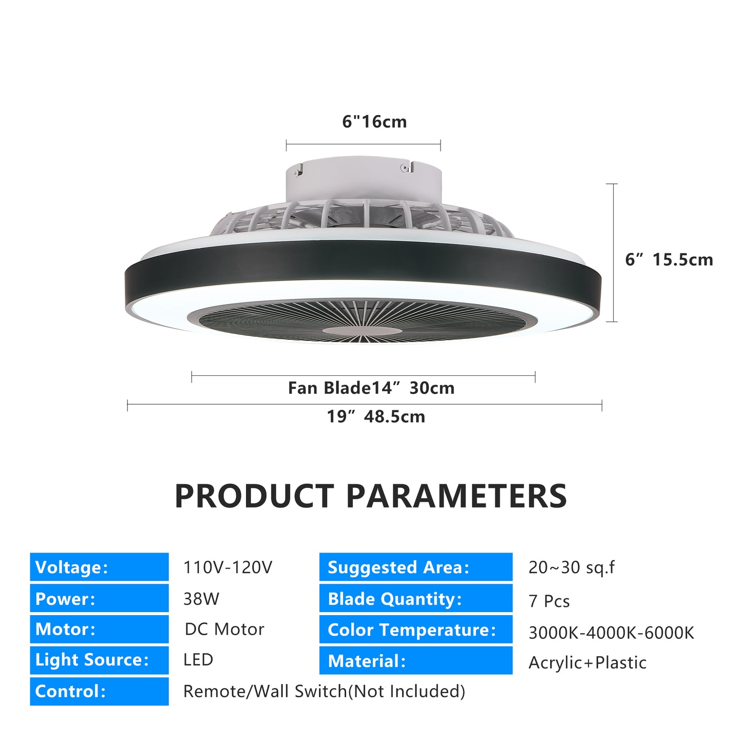 19-Inch Black Ceiling Fan Light with RGB LED & Remote Control