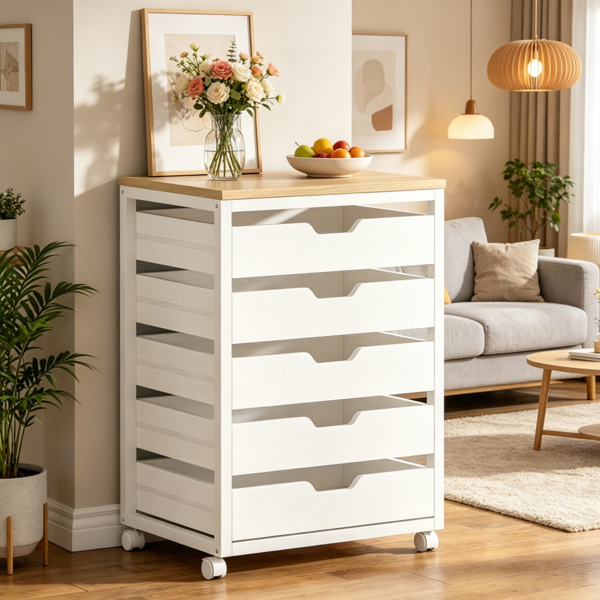 5-Drawer Storage Cabinet with Wheels - Rustic Industrial Design