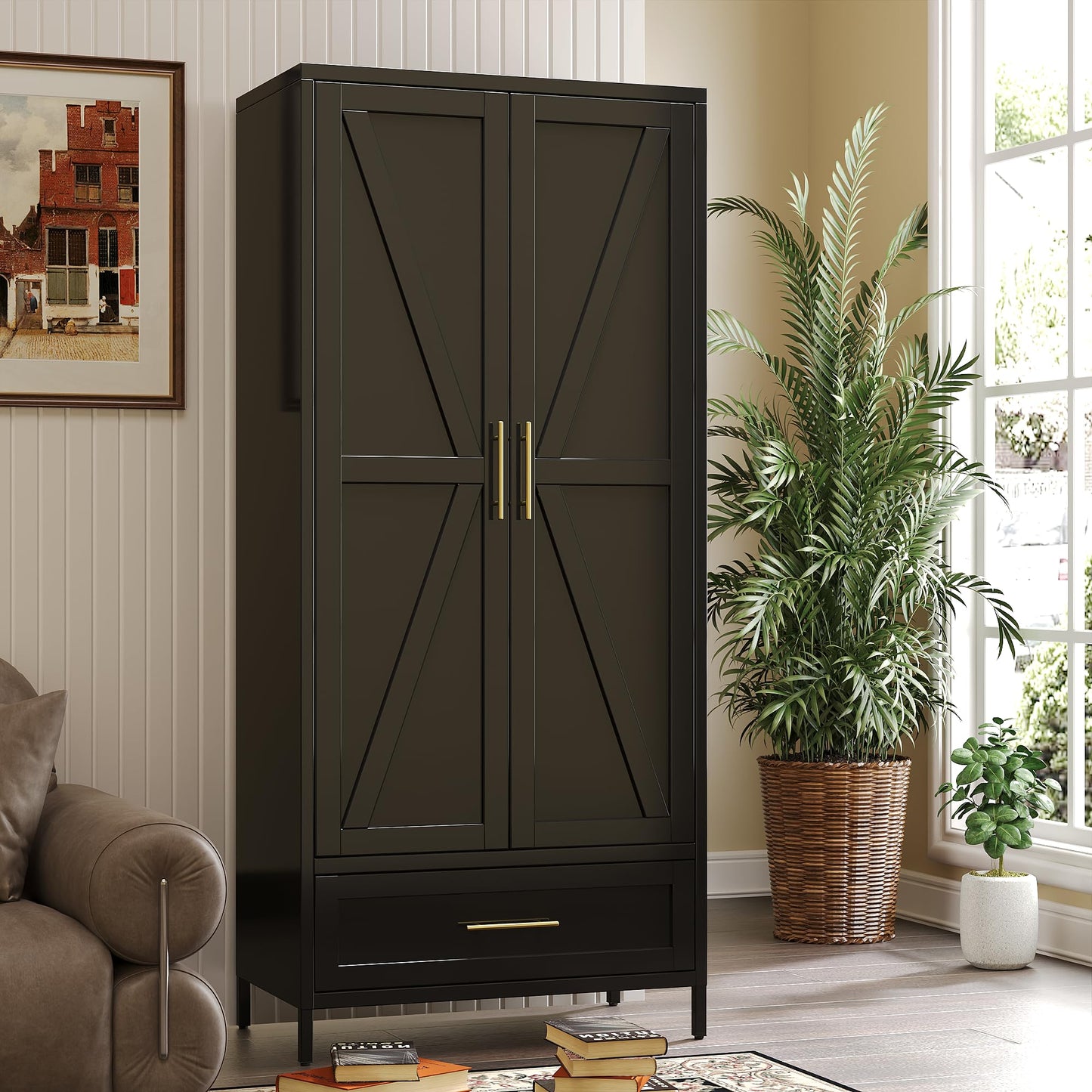 Metal Wardrobe Cabinet with Drawer - 71 Inch, Black