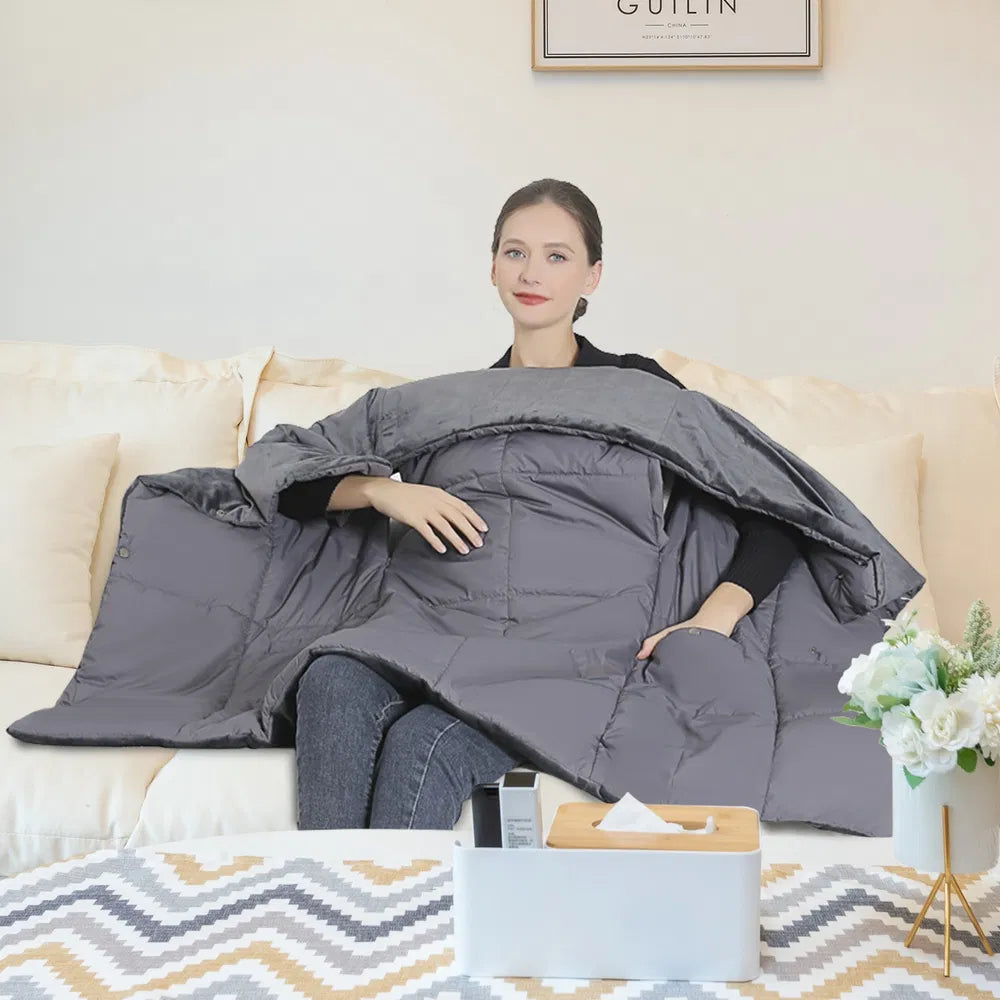 Electric Heated Poncho Blanket with Zipper & Arm Holes - Grey
