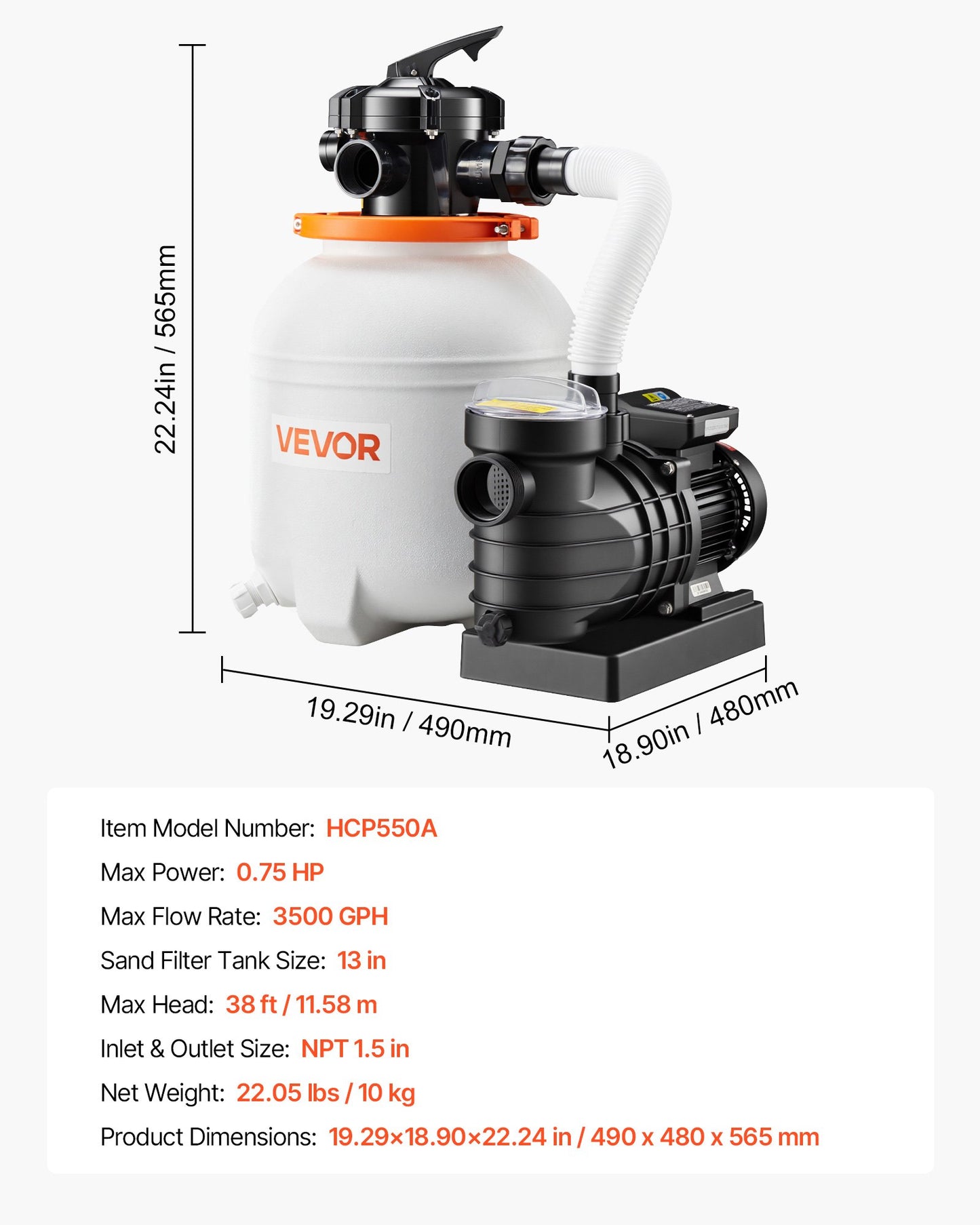 13 Inch Above Ground Pool Sand Filter Pump 0.75 HP 3500 GPH Leak-Resistant Design