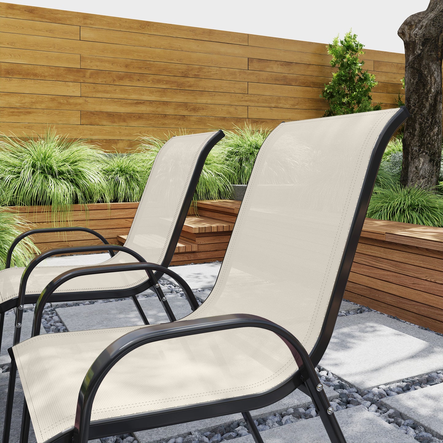Set of 4 Stackable Outdoor Dining Chairs - Beige Mesh Seats
