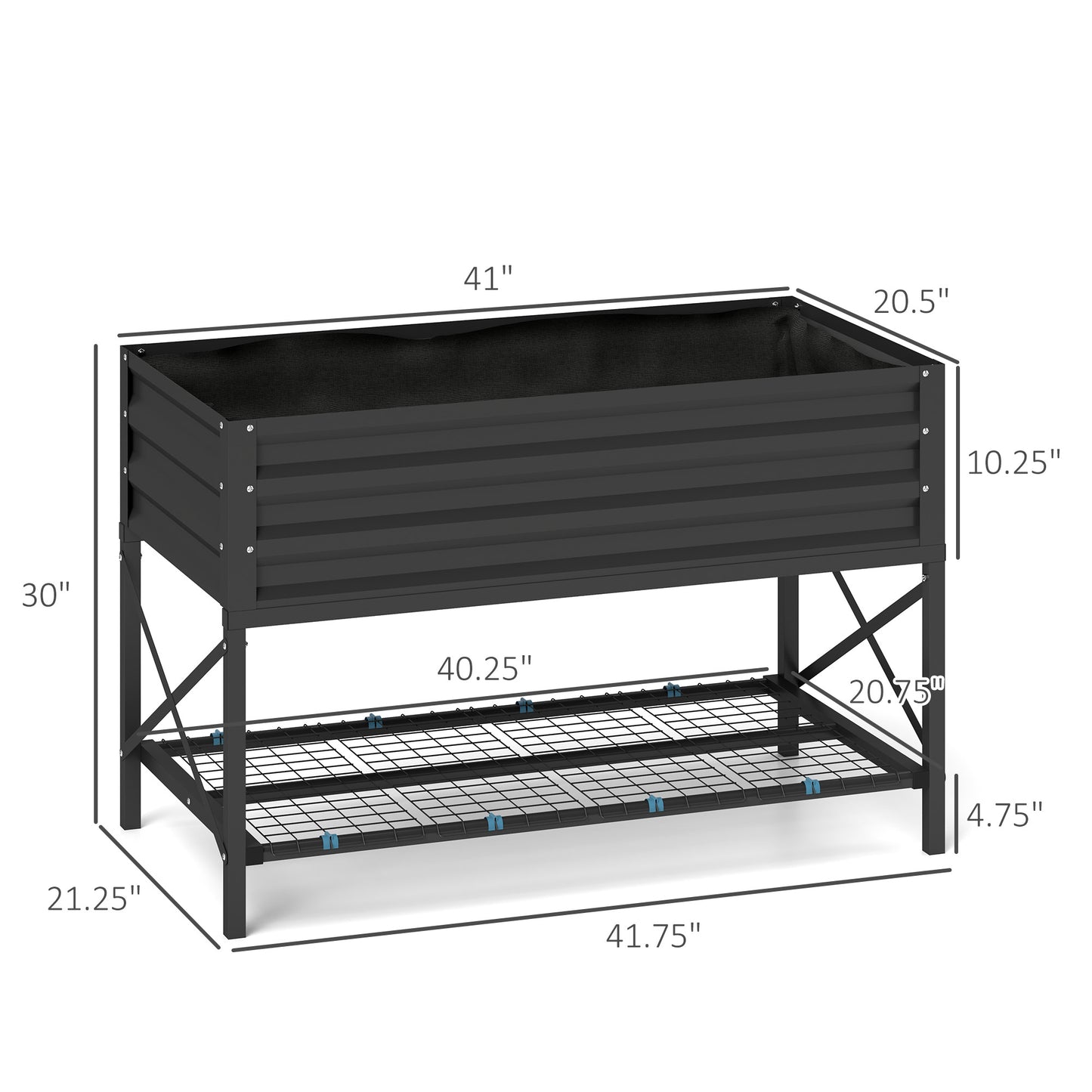 Galvanized Raised Garden Bed with Legs and Storage Shelf - Dark Gray, 1180x360x95mm