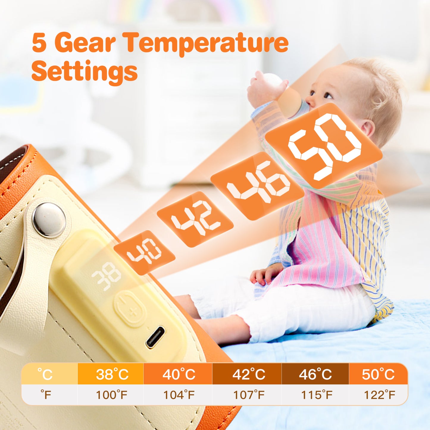 Portable Baby Milk Warmer with 5 Temperature Settings - Orange