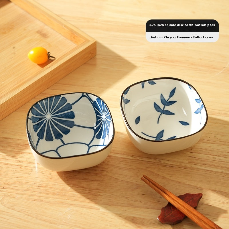 Porcelain Dipping Sauce Dish Set with Cherry Blossom Design - Small Square Plate for Kitchen & Restaurant Use