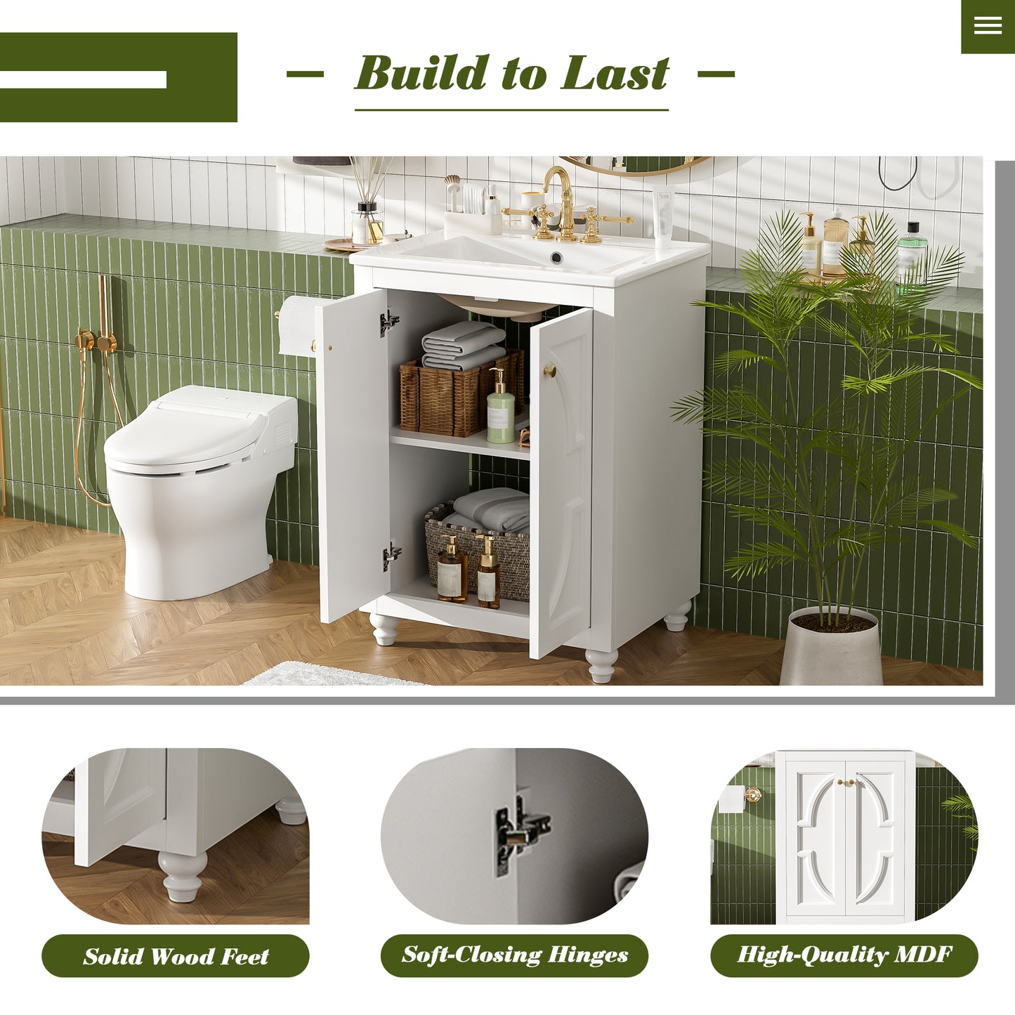 Modern 24" Bathroom Vanity with Ornate Design & Soft-Close Hinges - White