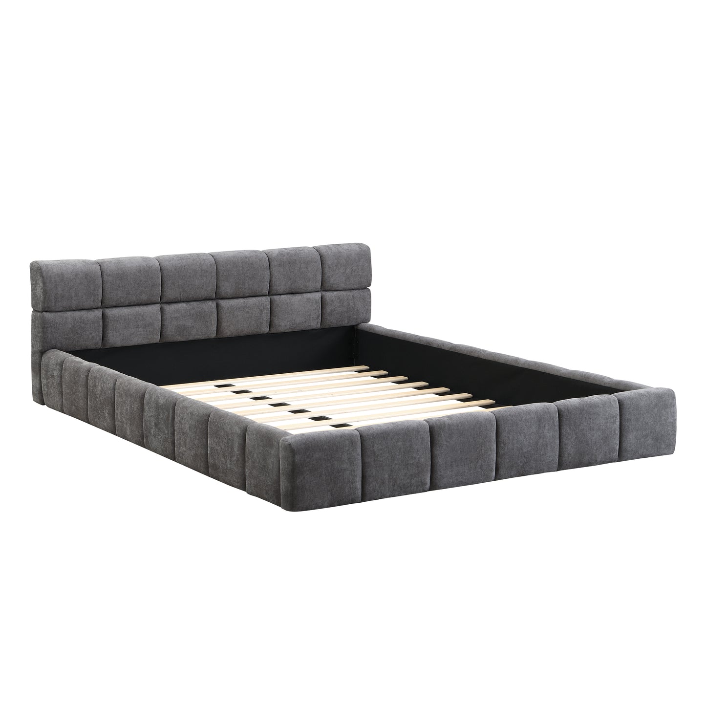 Queen Grey Chenille Upholstered Bed with Checkerboard Design