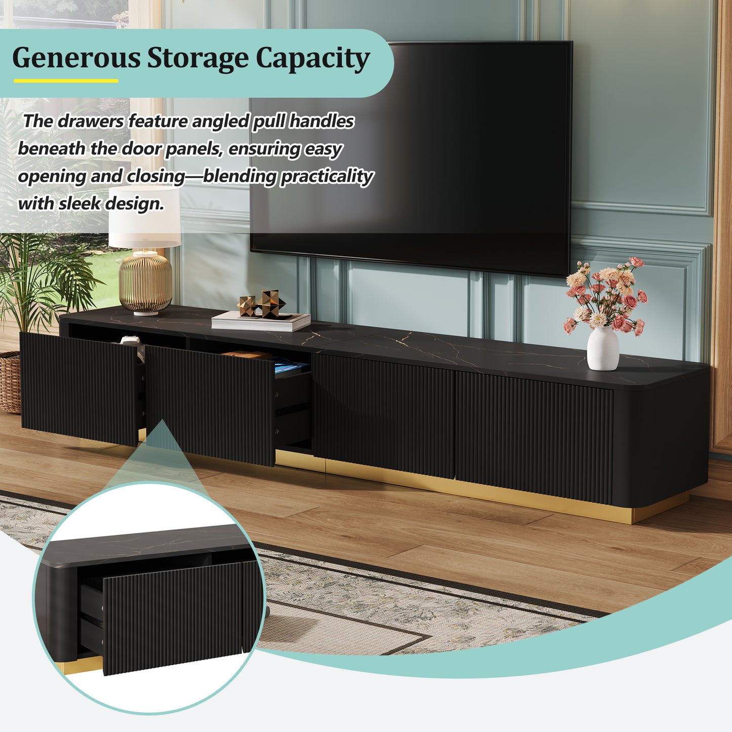 Modern Faux Marble TV Stand for TVs Up to 85" - Black