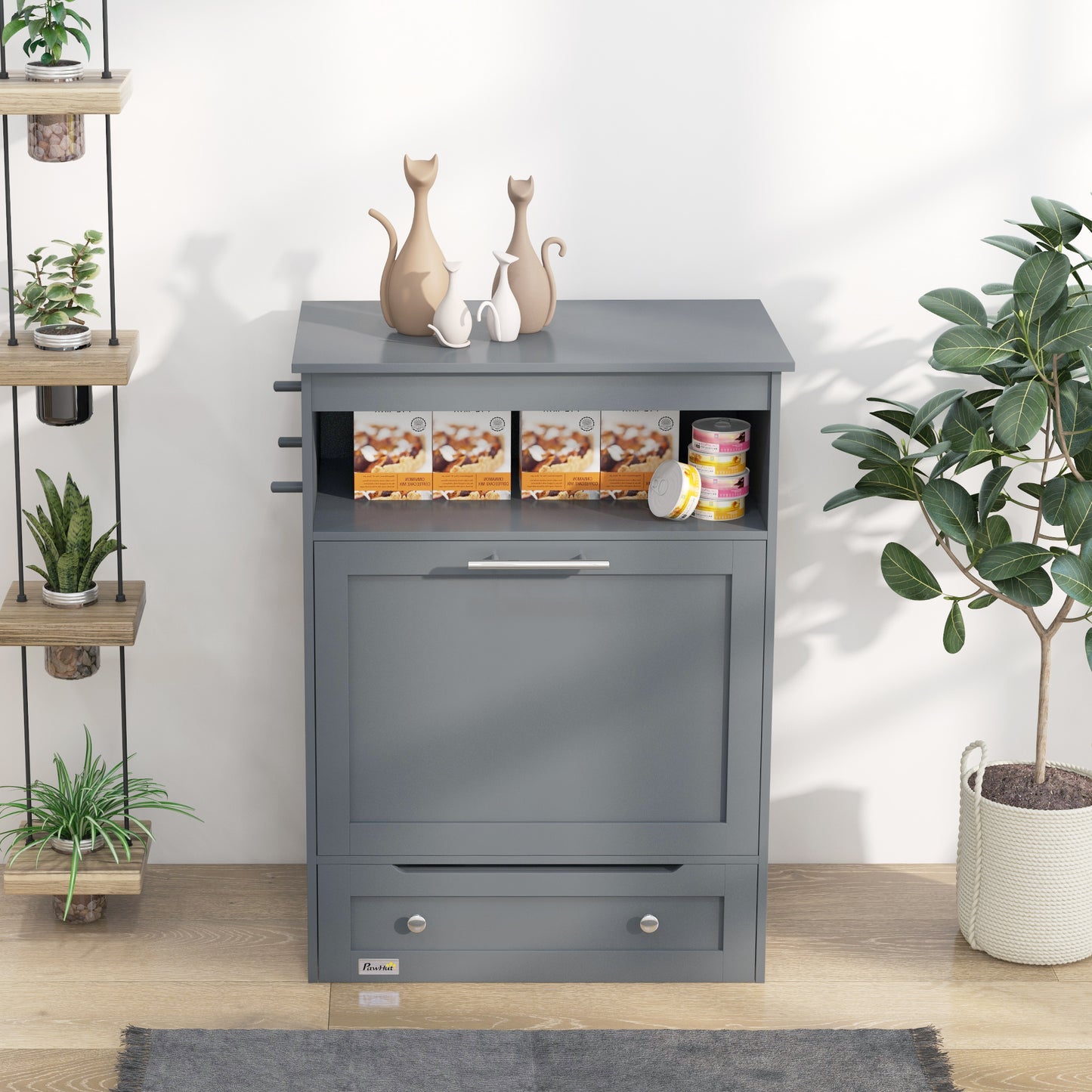 Pet Feeder Station with Storage Cabinet and Raised Bowls - Gray