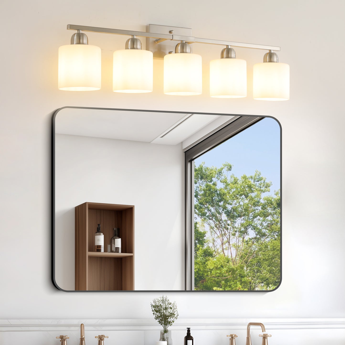 5-Light Brushed Nickel Bathroom Vanity Light Fixture - Modern Design with Milky White Glass Shades