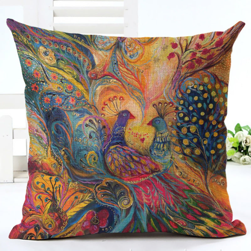 Peacock Printed Linen Cotton Pillowcase 45x45cm Home Decor