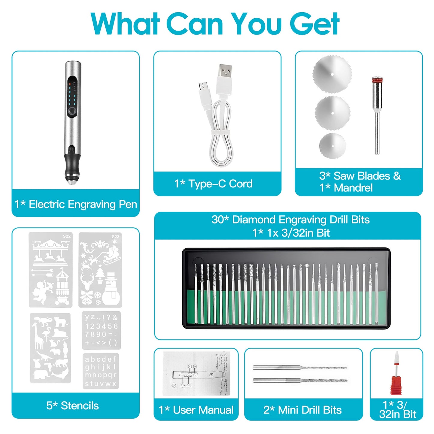 Electric Engraving Pen Kit with 33 Burr Bits and 5 Stencils - Cordless Portable DIY Etching Tool