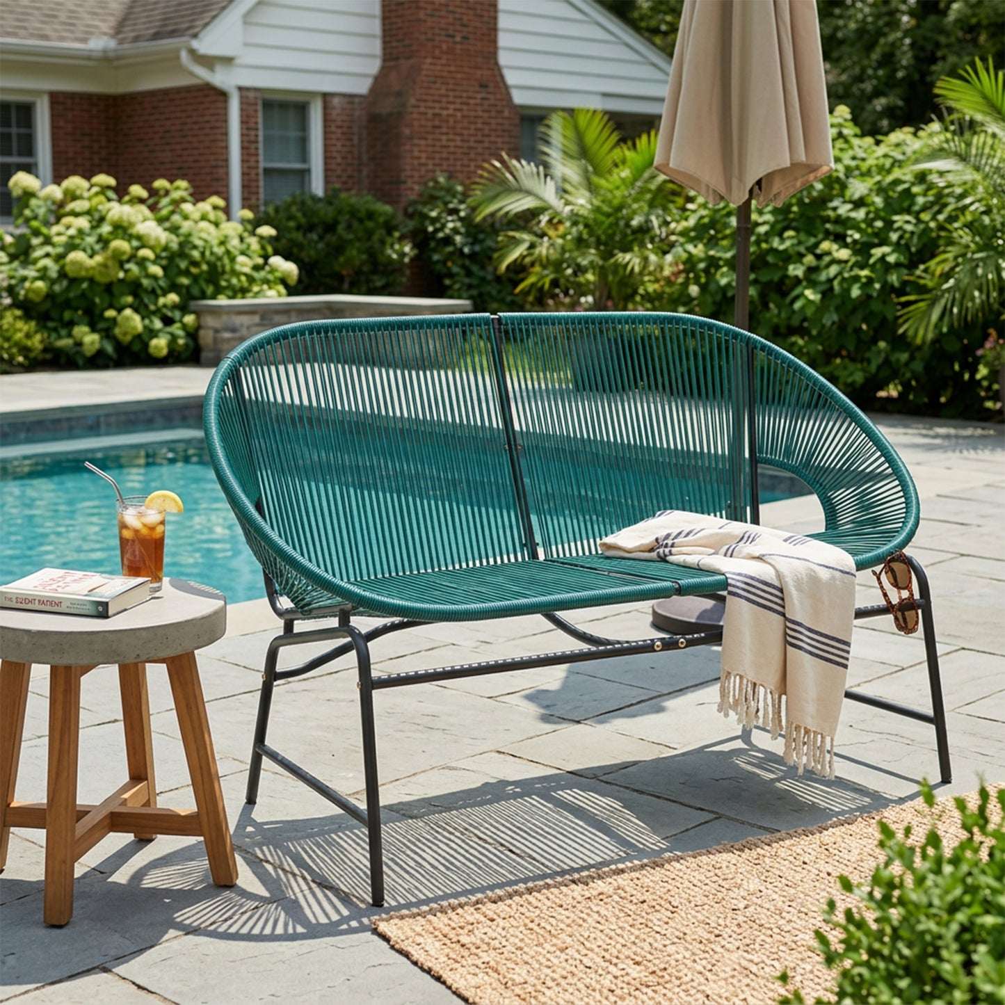 CONDESSA OUTDOOR PATIO WICKER LOVE SEAT, GREEN PE RATTAN & IRON