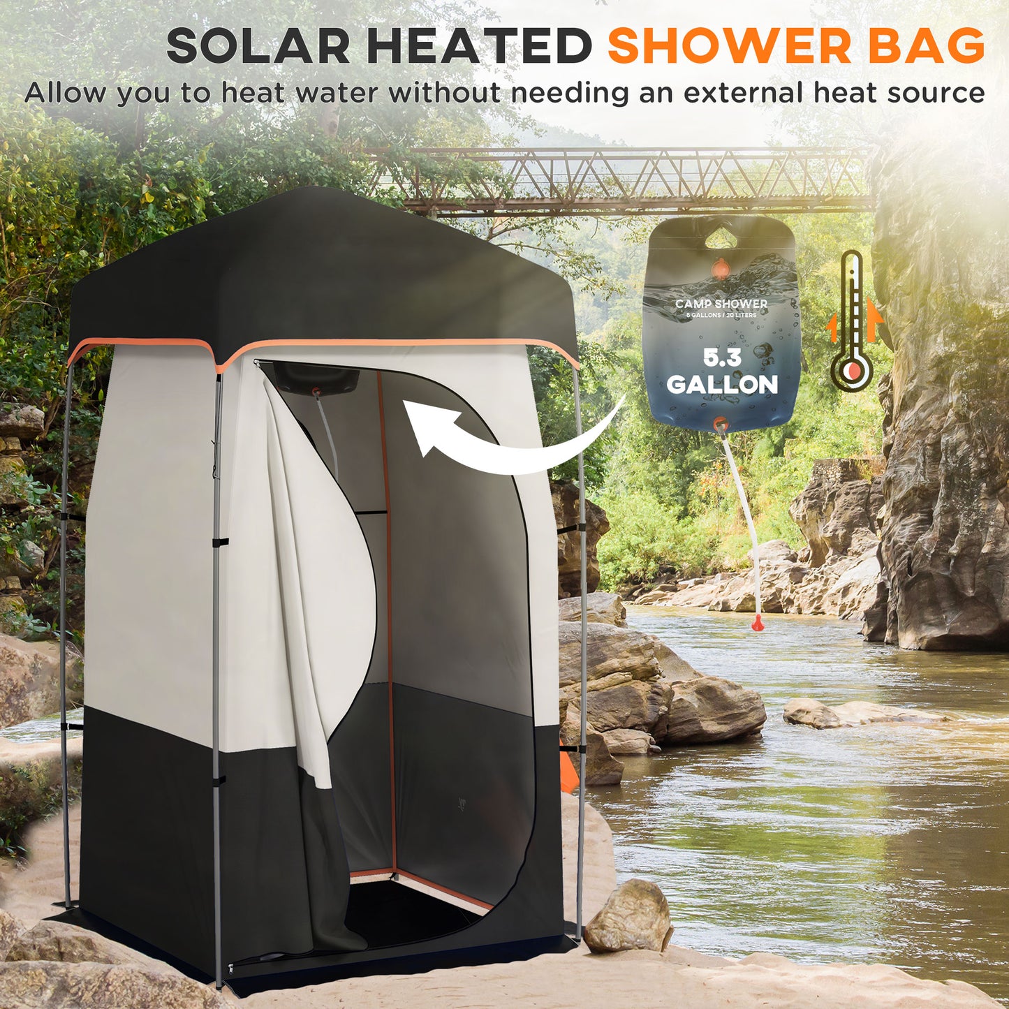 Portable Camping Shower Tent with Solar Shower Bag - Black