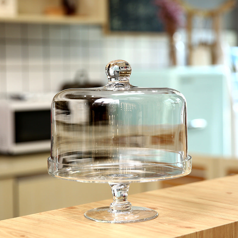 Large Glass Cake Tray with Transparent Dust Cover - European Style