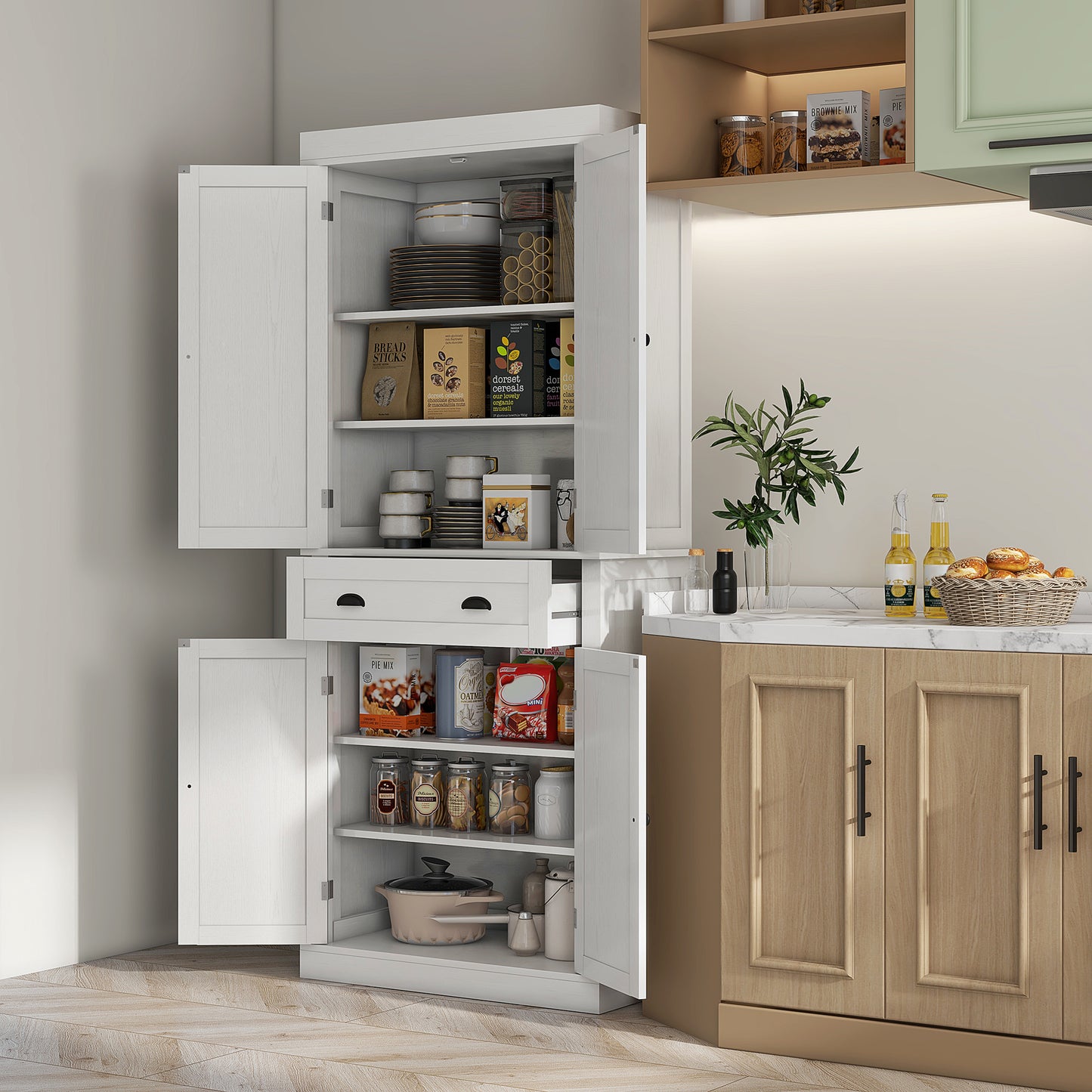 72.5" Freestanding Kitchen Pantry Cabinet with Doors & Shelves - White Wood Grain