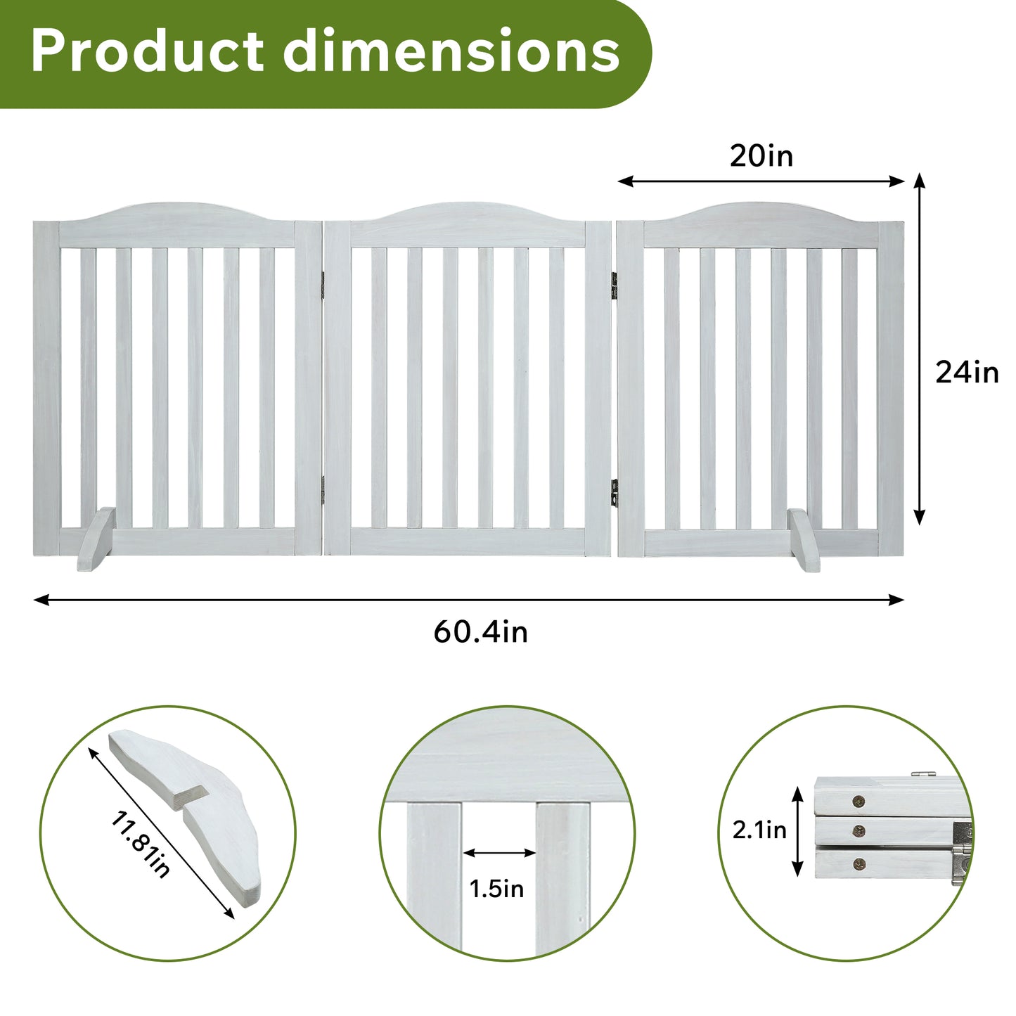 Wooden Foldable Pet Gate for Dogs, 24 Inch 3-Panel Freestanding Fence