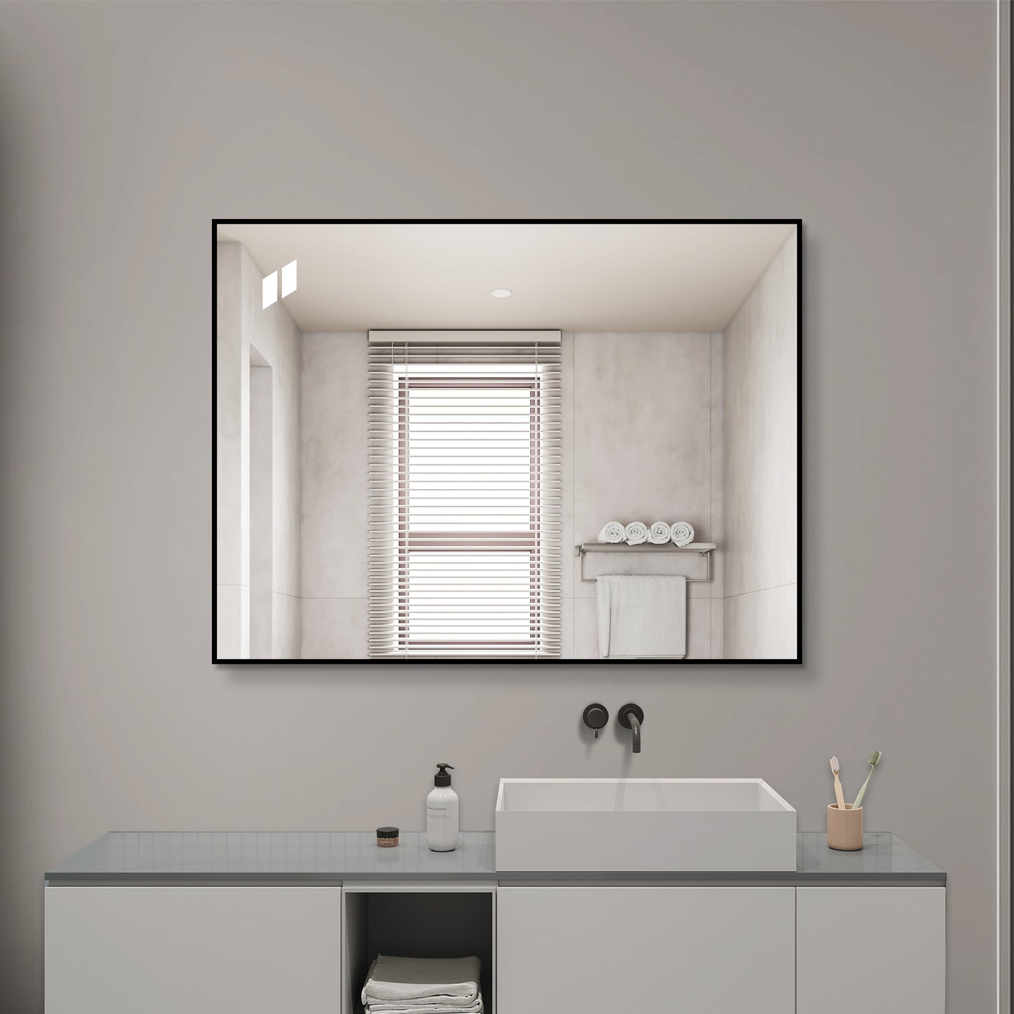24x32 Inch Black Aluminum Framed Bathroom Mirror - HD Copper-Free Glass