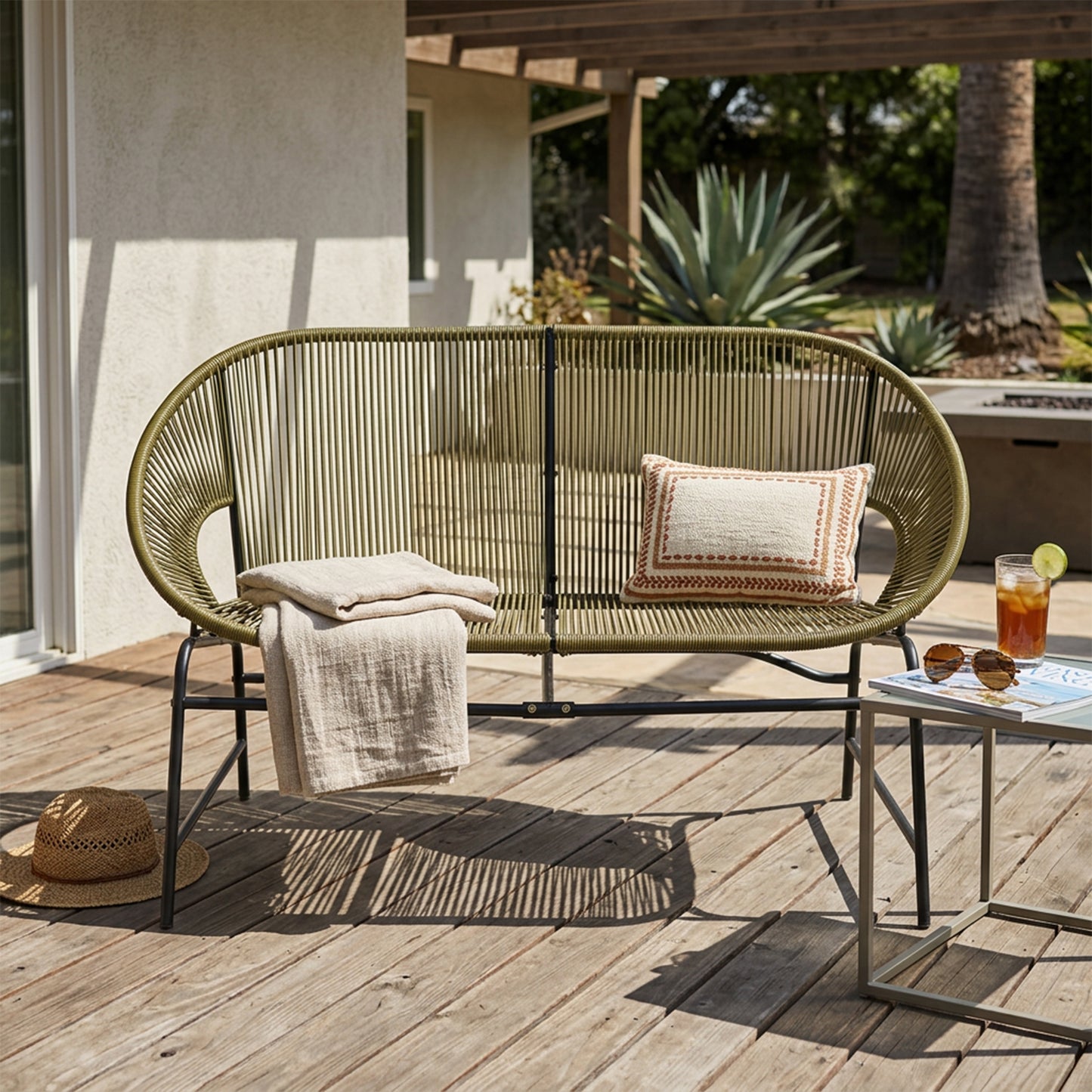 Condessa Outdoor Wicker Love Seat - Green PE Rattan & Iron Frame