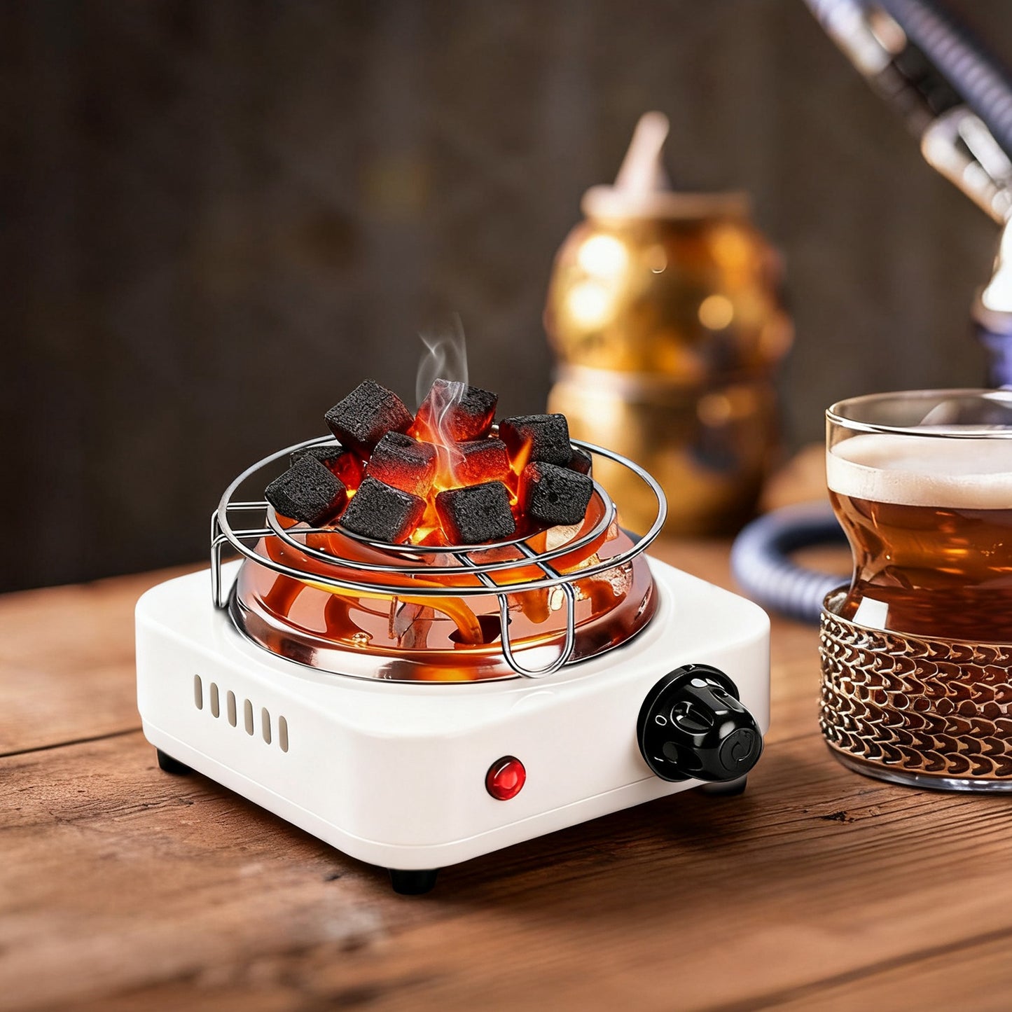 500W Electric Charcoal Burner with Thermostat Control & Tongs