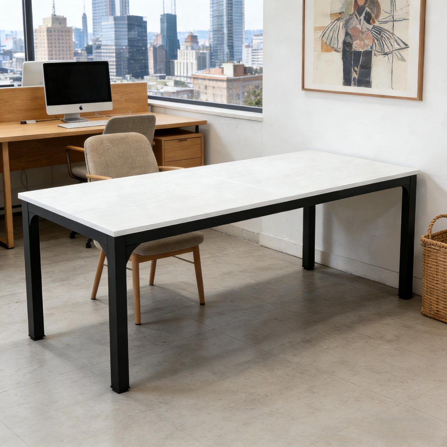 Modern Rectangle Computer Desk - Dual Workspace, Black & White