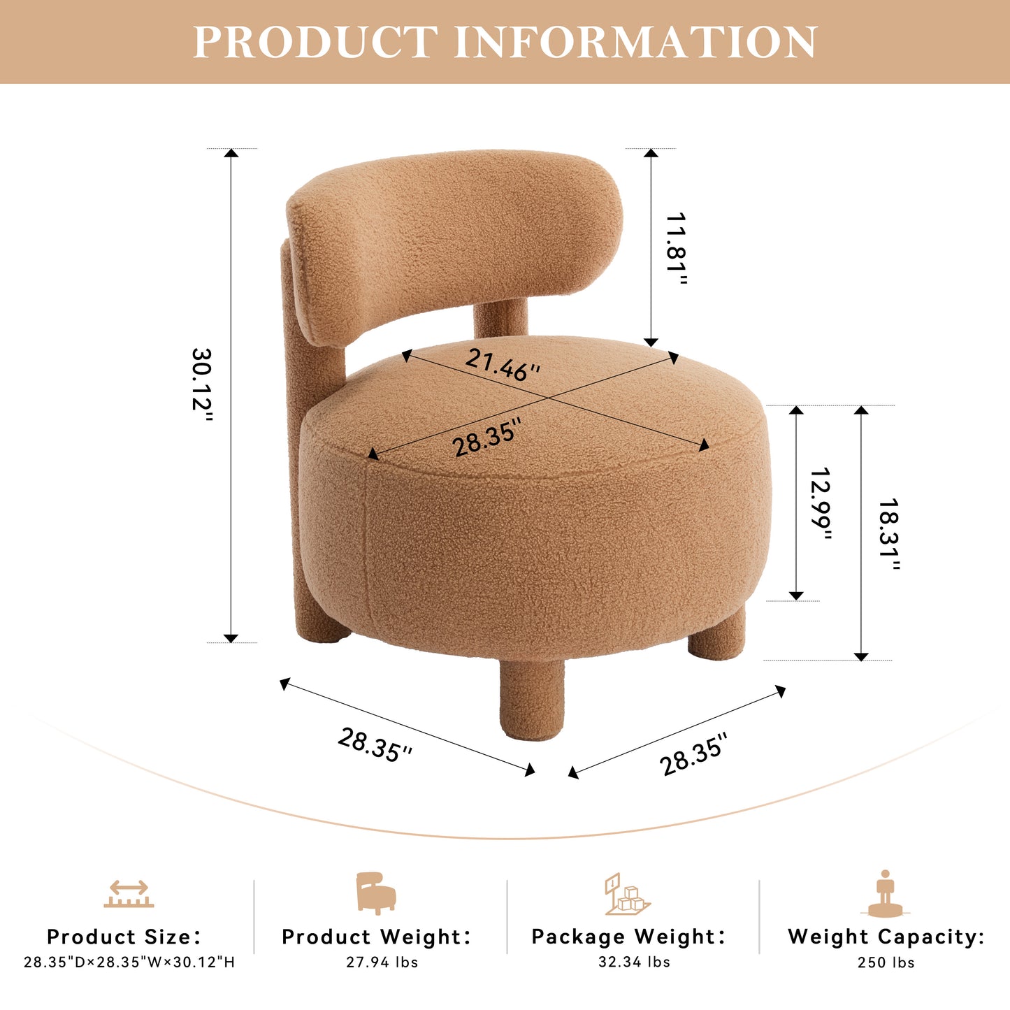 Teddy Fabric Armless Accent Chair with Curved Backrest - Khaki