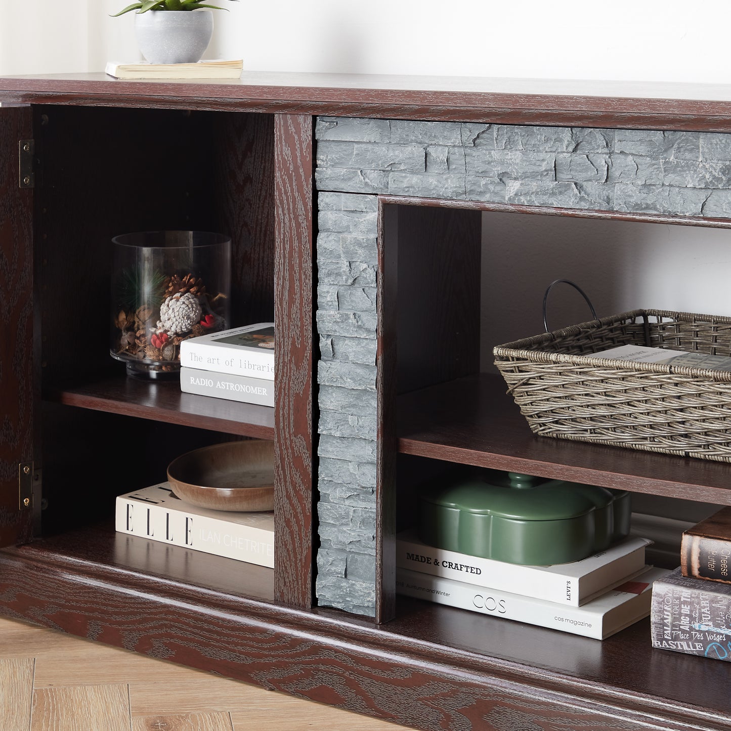 70 Modern TV Stand With 2-Door Storage, Faux Stone Media Console