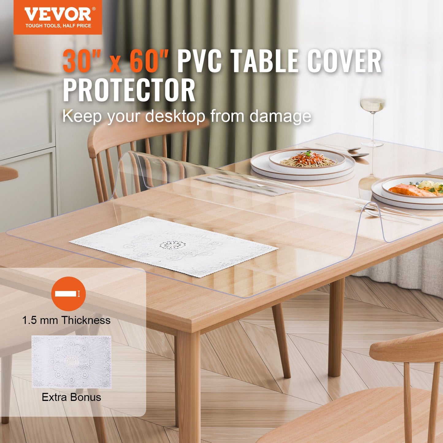 Clear PVC Table Protector 30x60 Inch - 1.5mm Thick