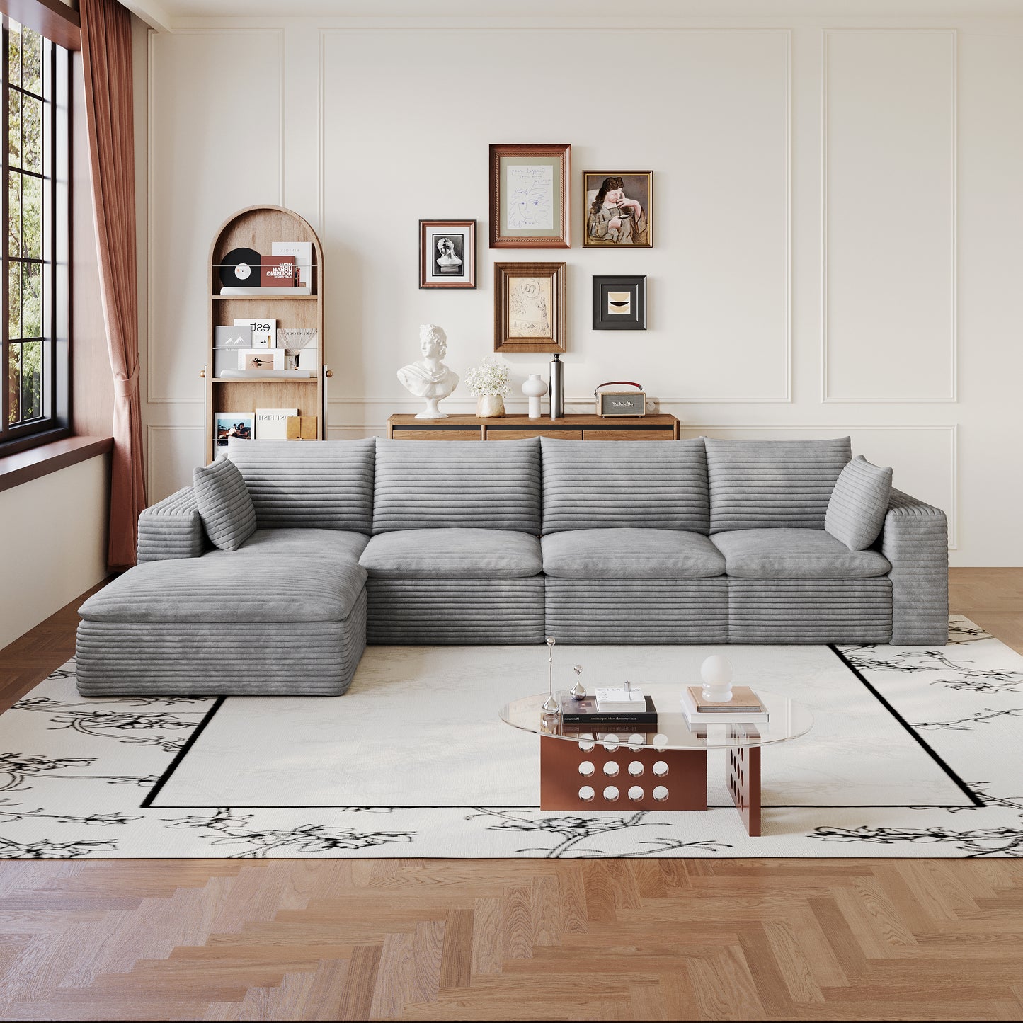 134" Cloud Sofa - Corduroy Fabric, Deep Seat, Removable Cushion, Grey
