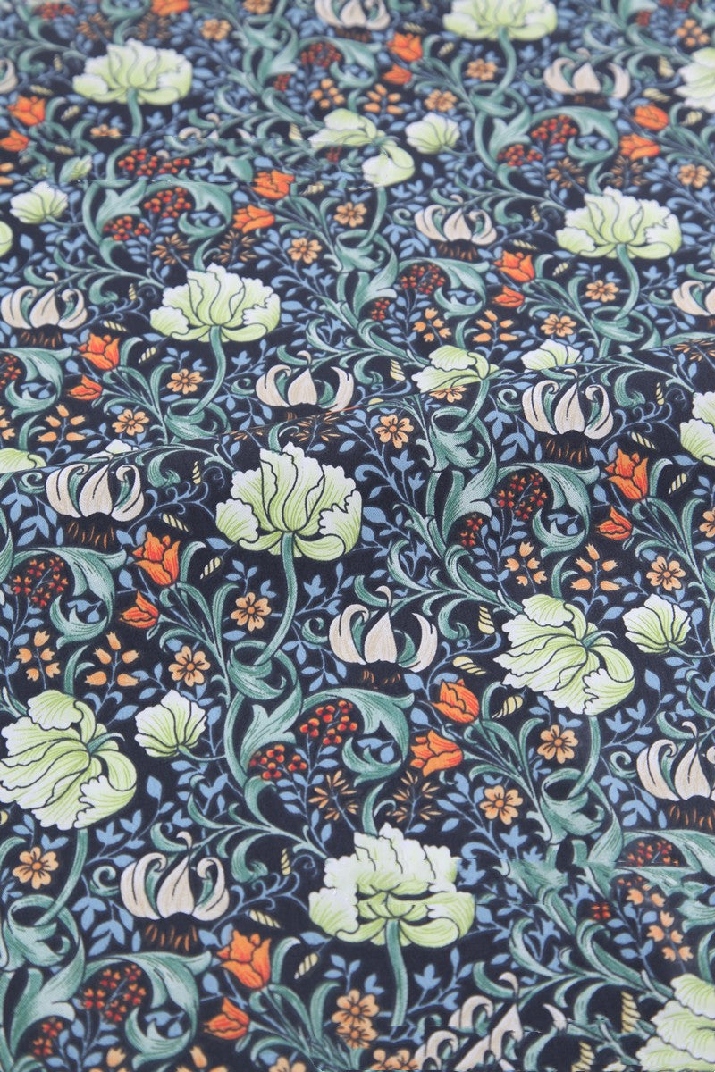 Deep Blue Bird Forest Cotton Fabric - Botanical Print 100% Cotton Textile
