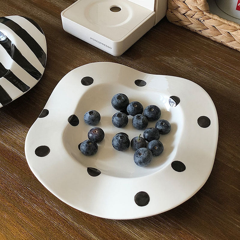 8-Inch Porcelain Breakfast Plate with Dot and Stripe Designs - Irregular Underglaze