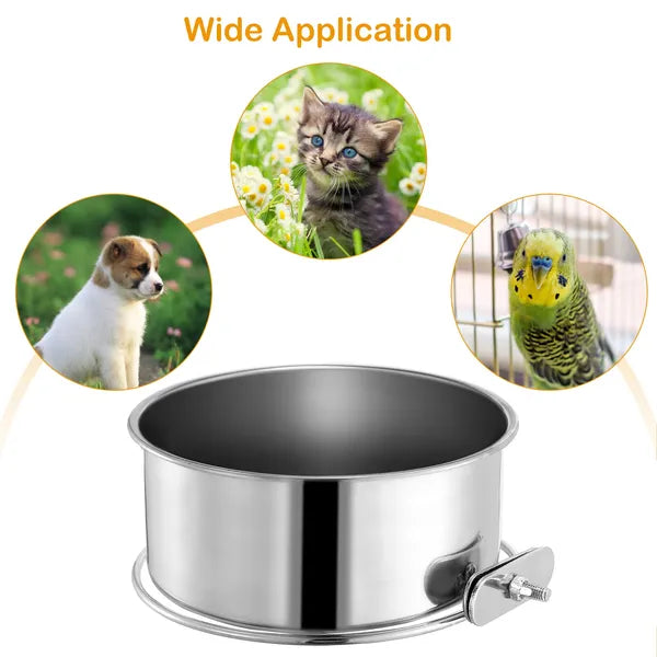 Stainless Steel Hanging Pet Food & Water Bowl with Clamp Holder - Medium