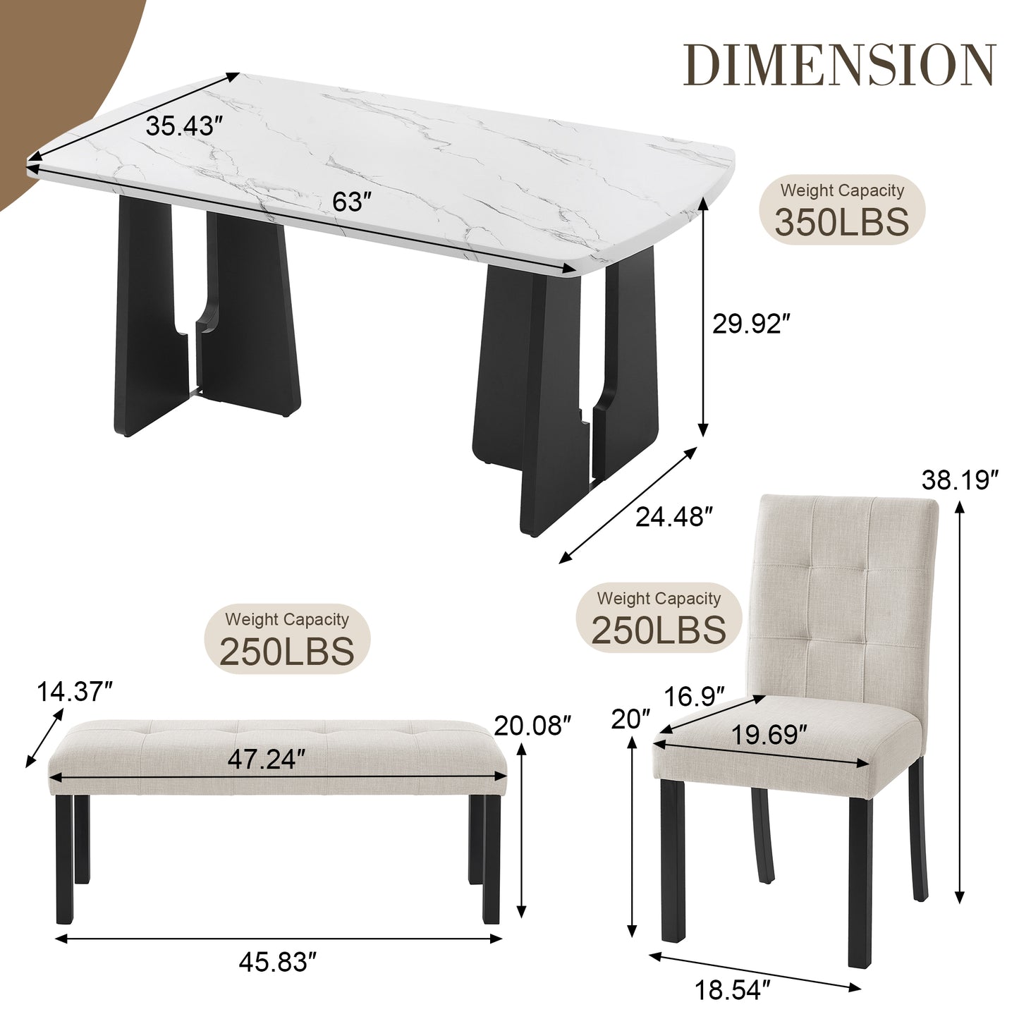 6 Piece Modern Dining Table Set, 63 Faux Marble With Geometric Legs &