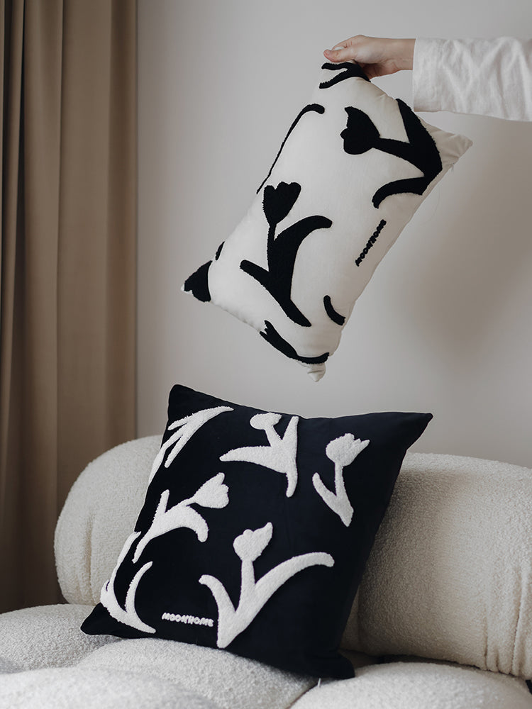 Versatile Hand-Painted Embroidered Sofa Pillowcase Set - Black & White, 30x50cm or 45x45cm
