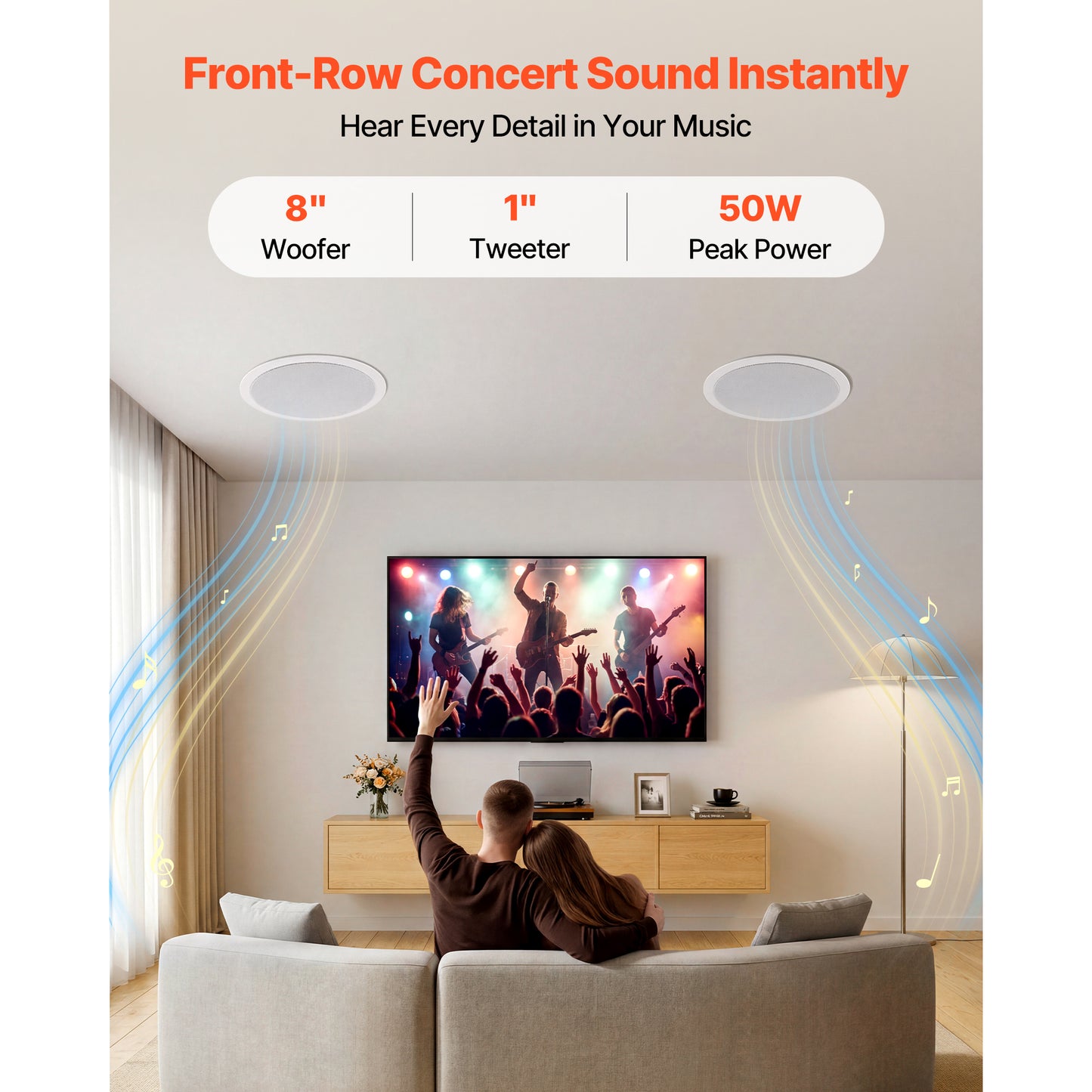 Bluetooth Ceiling Speakers 8-Inch In-Wall & In-Ceiling Stereo System with Amplifier - Waterproof for Living Room, Patio, Home Theater