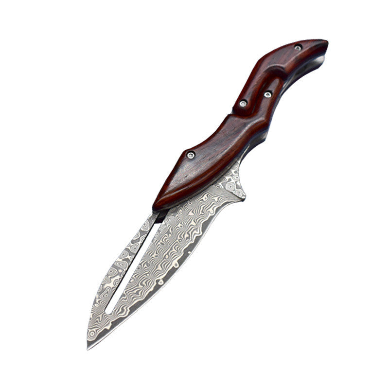 Portable Folding Camping Knife with Damascus Steel Blade and Wood Handle