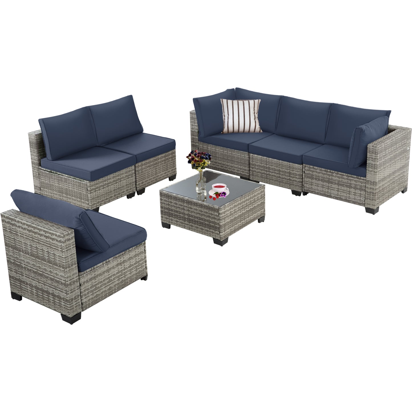 7-Piece All-Weather Wicker Patio Sofa Set with Cushions - Grey-Blue
