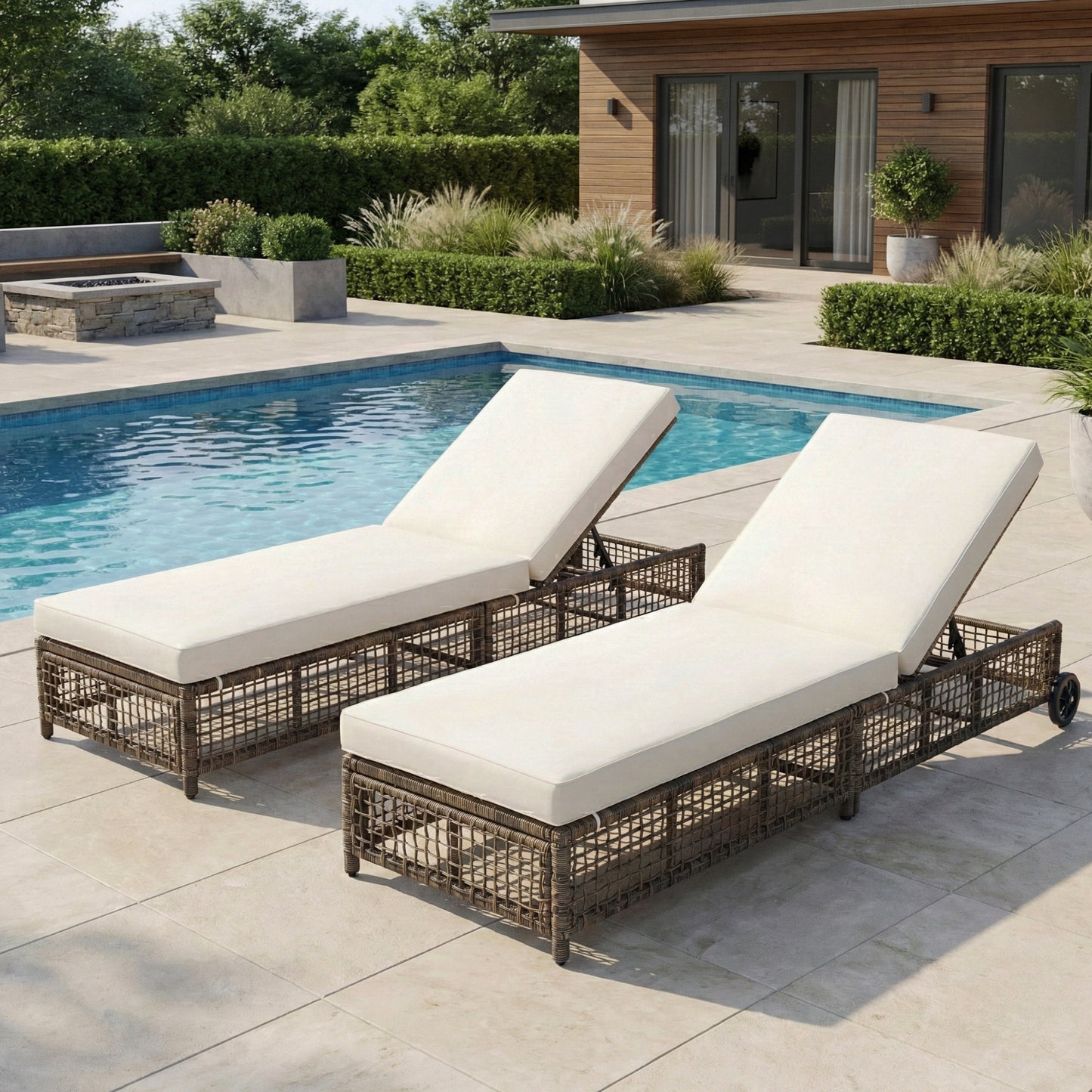 Outdoor Lounge Chair with 5-Position Backrest and Cushion - Beige