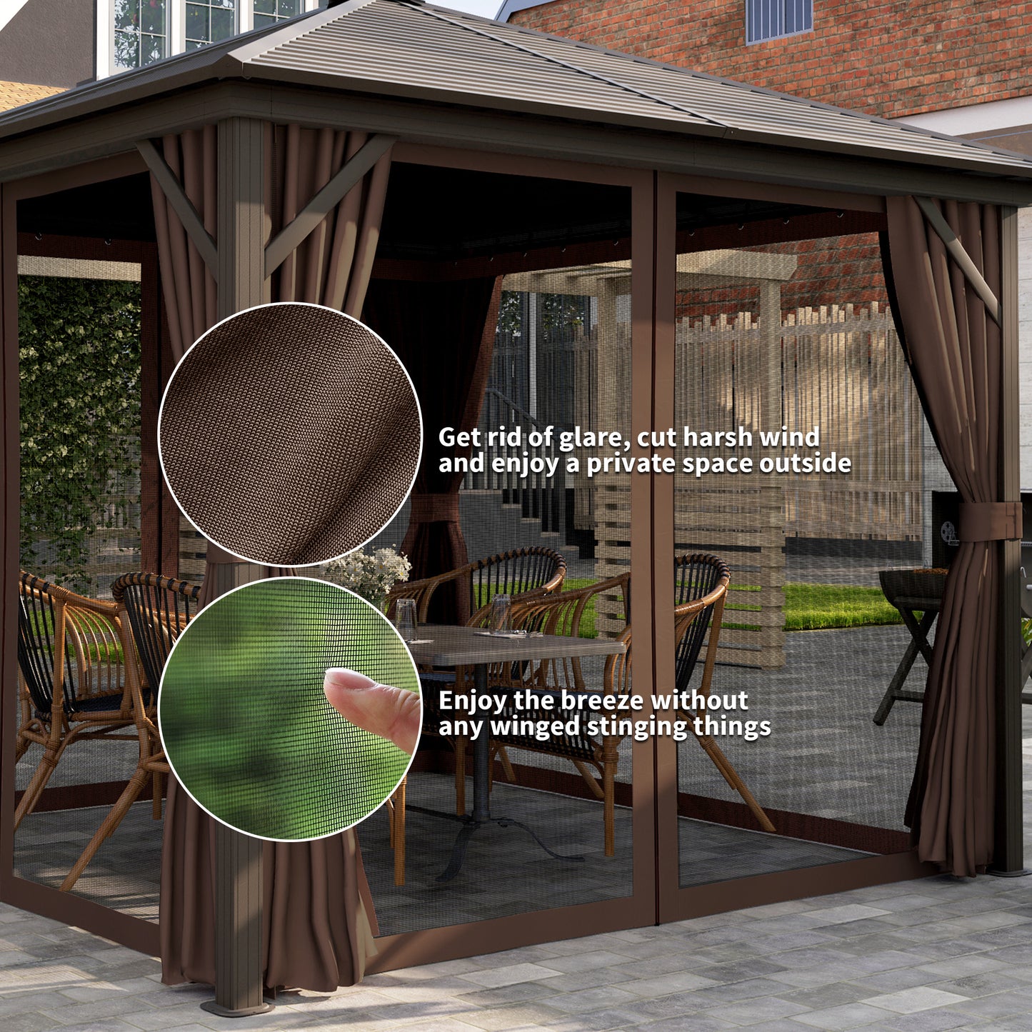 10x10 Aluminum Hardtop Gazebo Canopy with Curtains & Hook - Brown