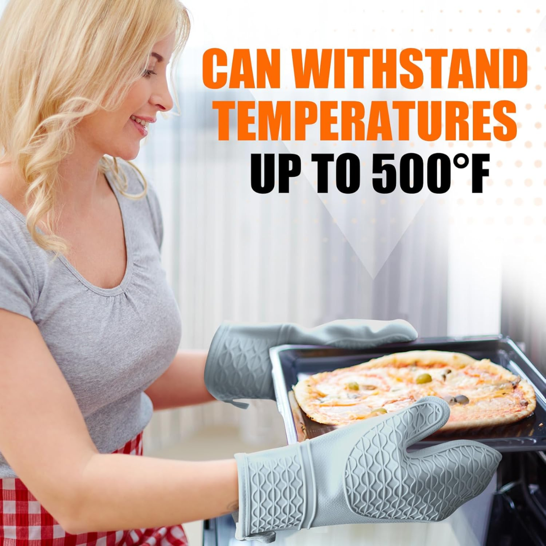 Heat Resistant Silicone Oven Mitts - 2-Pack with Cotton Lining, Non-Slip Grip, 12.5 Inch - Grey