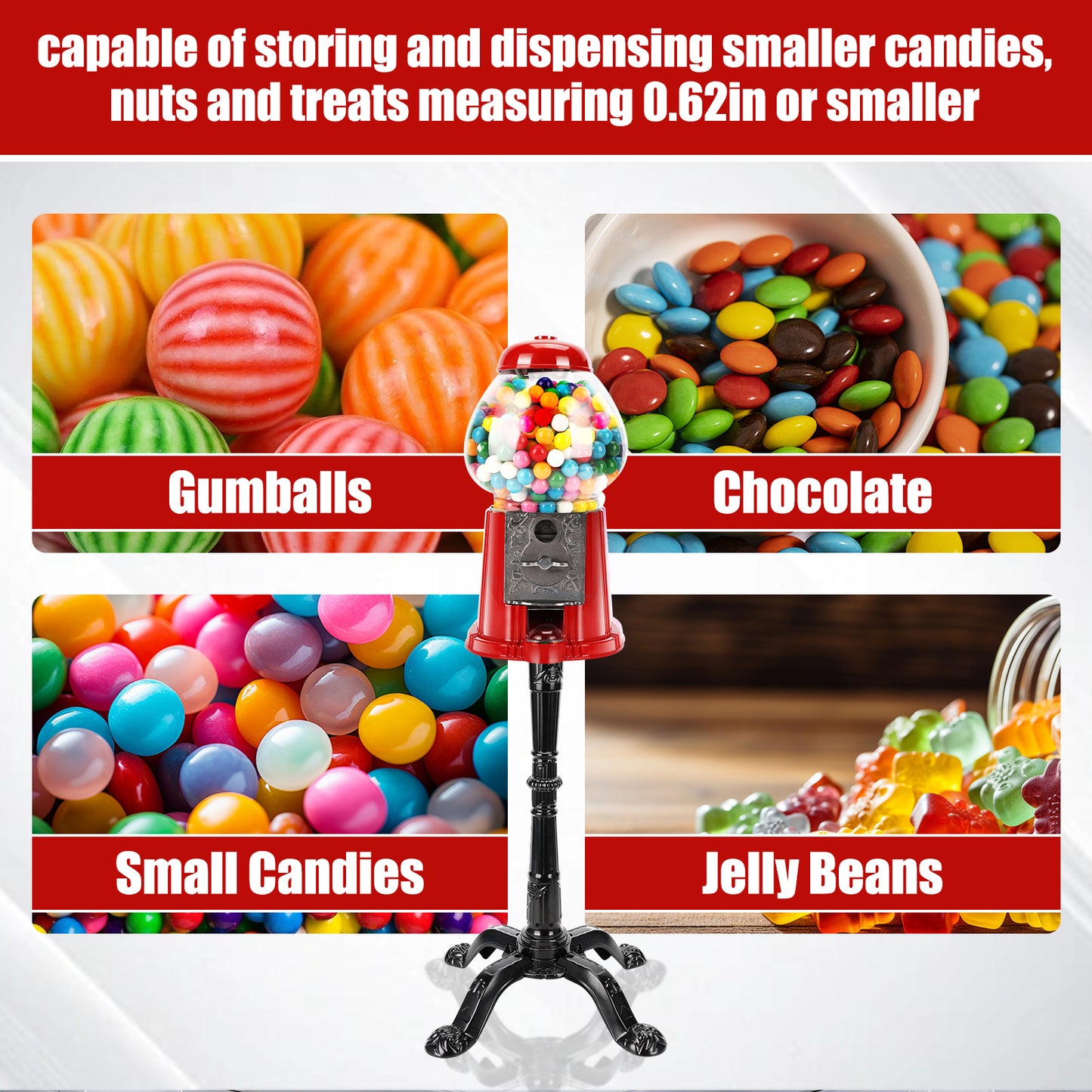 15-Inch Red Gumball Machine with Stand - Coin Operated Candy Dispenser