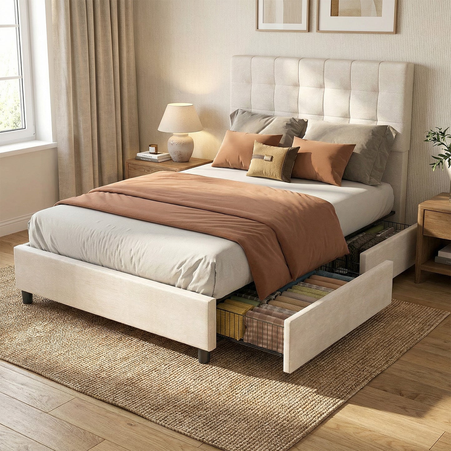 Bed Frame Upholstered Vertical Channel Headboard With 4 Storage
